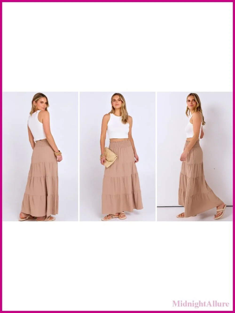 Elastic High Waist A-Line Tiered Maxi Skirt with Pockets